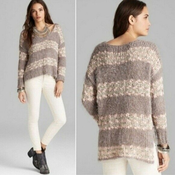 Free People Fuzzy Linus Oversized Striped Eyelash Knit Longline V-Neck Sweater S - Picture 1 of 4